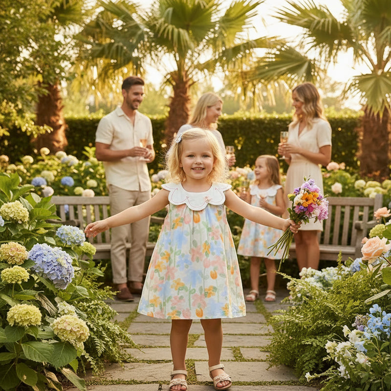 babies floral baby dress with lace collar in pastel colors with sleeveless design