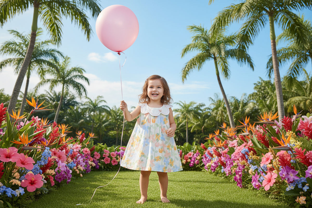 floral baby dress with lace collar, pastel colors, sleeveless, for infants and toddlers