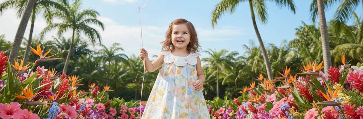 Another view of a joyful little girl in the "Little Selena" A-Line Floral Dress with Petal Collar, smiling in a colorful floral backdrop, ideal for warm-weather celebrations.