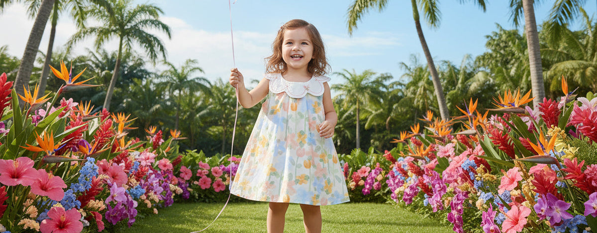 A happy young girl wearing the "Little Selena" A-Line Floral Dress with Petal Collar, holding a balloon amidst a vibrant flower garden, perfect for spring or summer outings.
