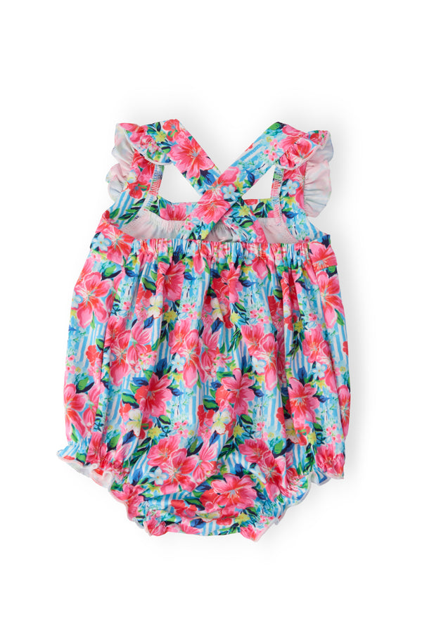 floral baby girl romper in pink and blue with ruffle cross back straps for infants