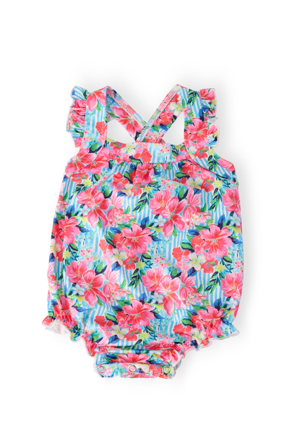 Floral baby girl romper in bright pink and blue with ruffle cross back design for infants