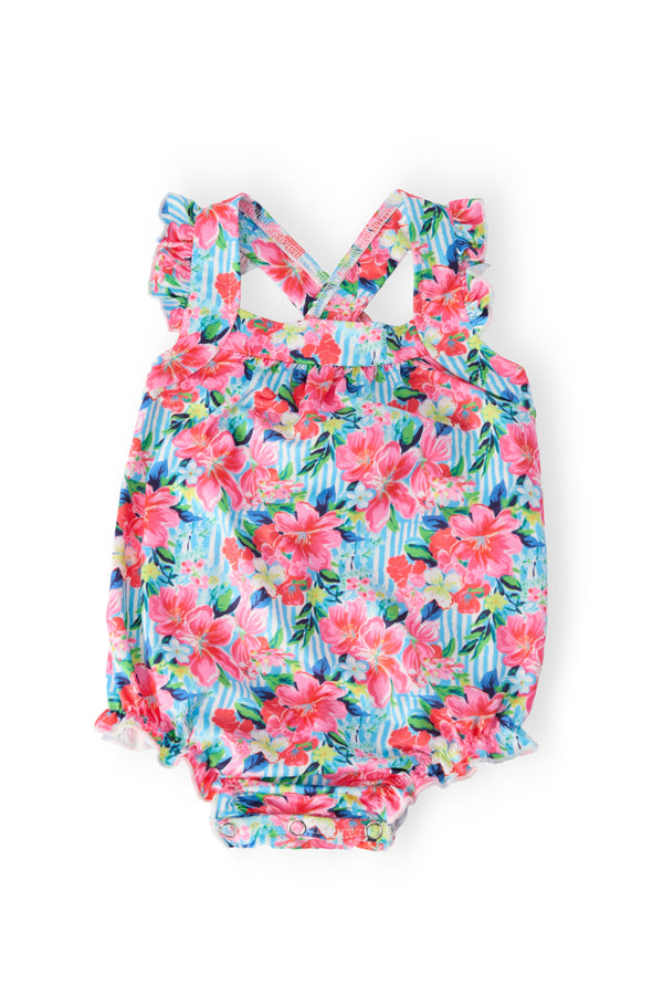 Floral baby girl romper in bright pink and blue with ruffle cross back design for infants