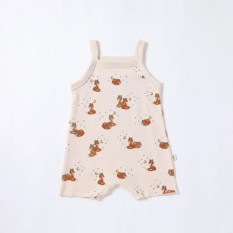 beige floral baby romper with fox print for infants sleeveless one-piece