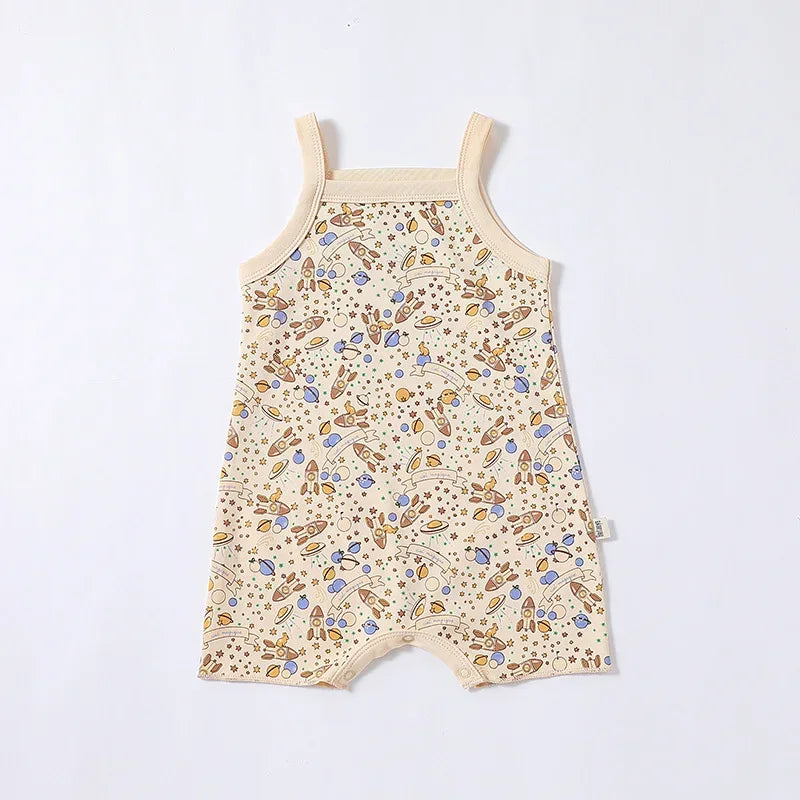 cream floral baby romper with blue and brown flower print, sleeveless, for infants