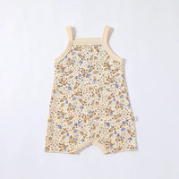 cream floral baby romper with blue and brown flower print, sleeveless, for infants