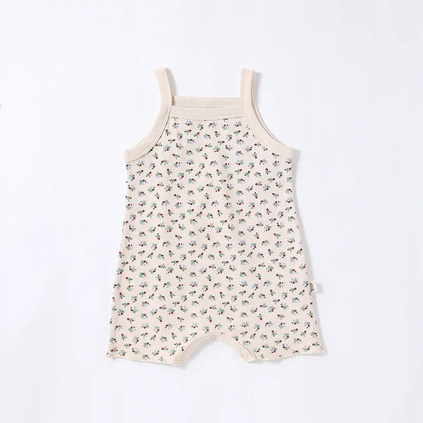 cream floral baby romper for infants with sleeveless straps and all-over flower print