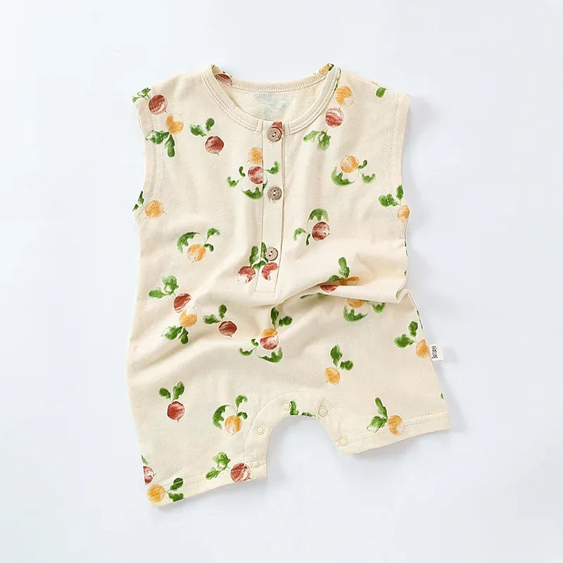 cream floral baby romper for infants with sleeveless design and front buttons
