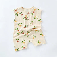 cream floral baby romper for infants with sleeveless design and front buttons