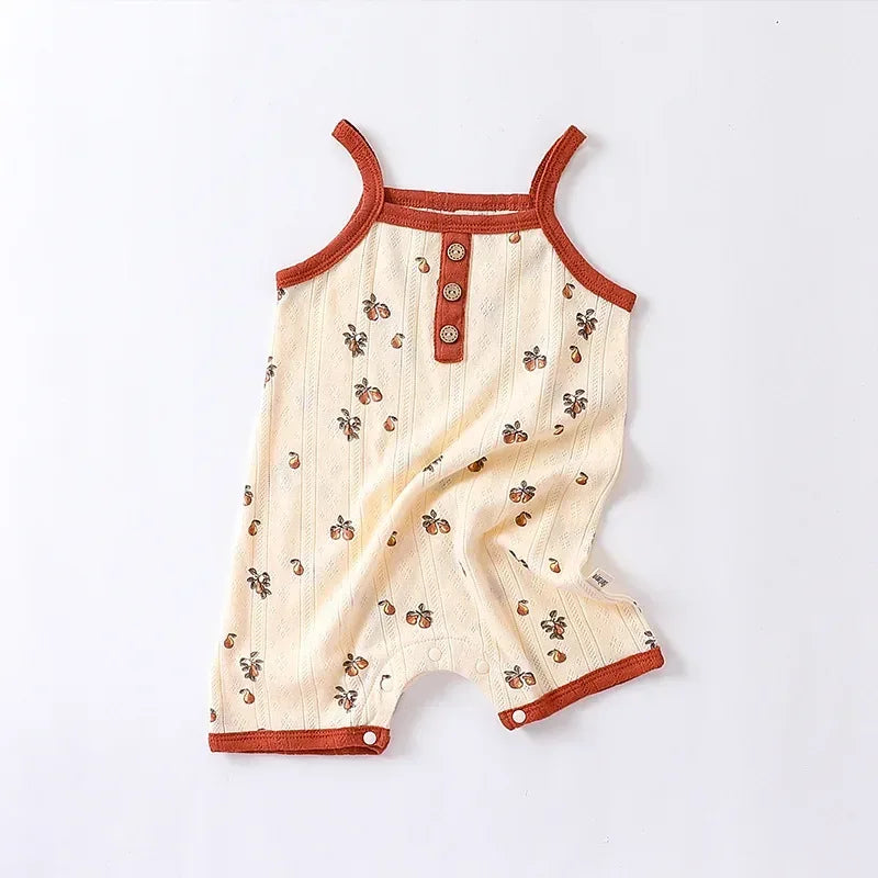 cream floral baby romper with rust trim and buttons sleeveless toddler size