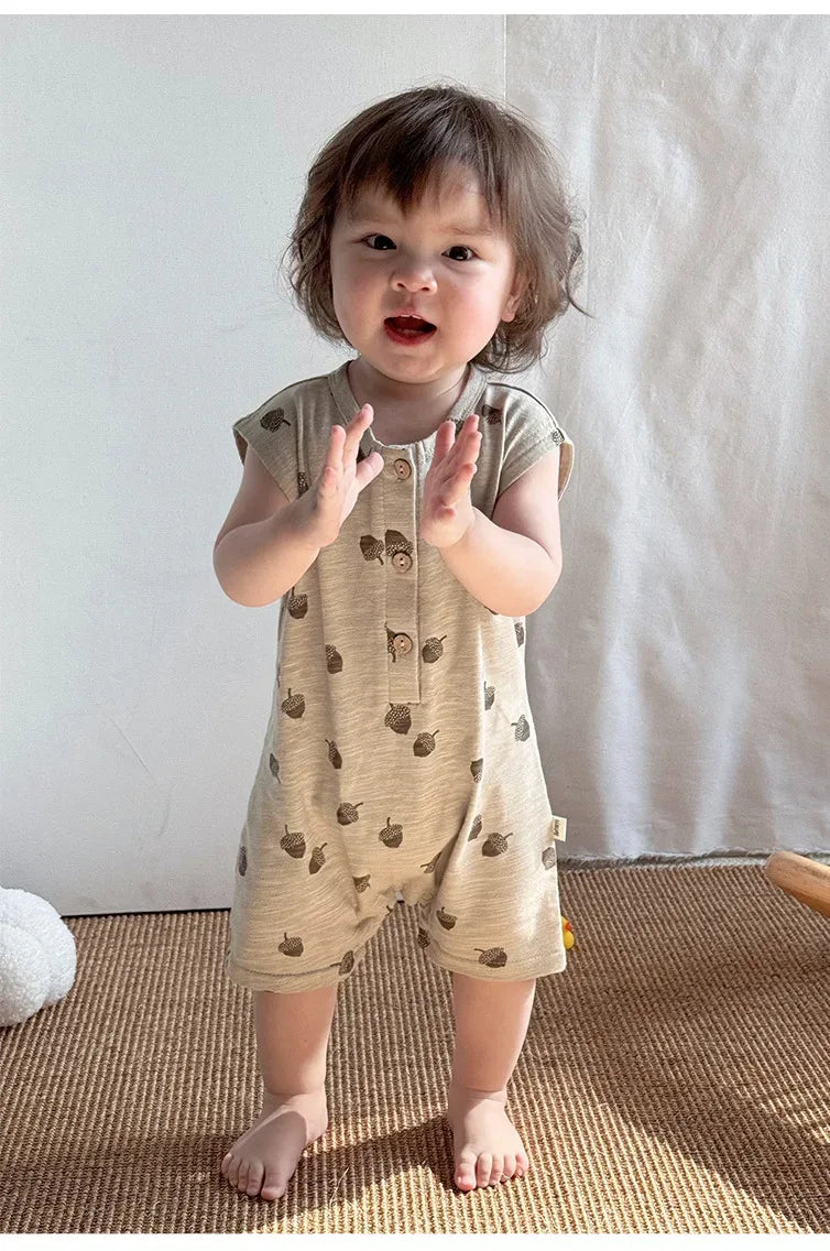 baby boy beige floral baby romper with short sleeves and front buttons for infants