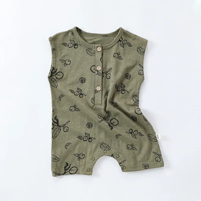 olive green floral baby romper for infants with button-up front and sleeveless design