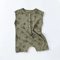 olive green floral baby romper for infants with button-up front and sleeveless design