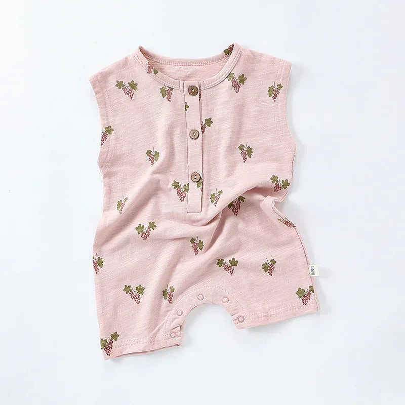 pink sleeveless floral baby romper for infants with button front and grape cluster print