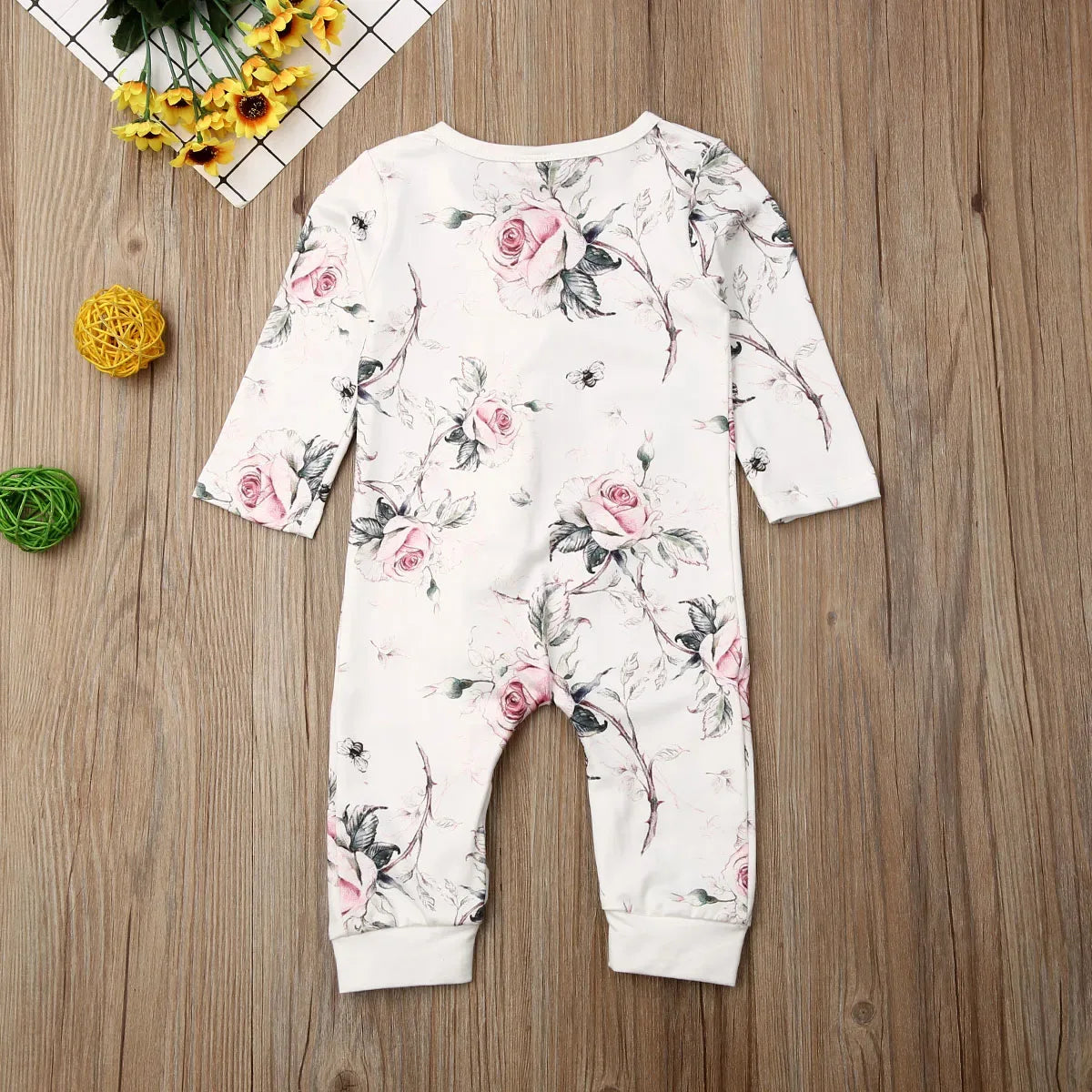 floral baby romper pink rose, long sleeve white romper with pink rose print for babies