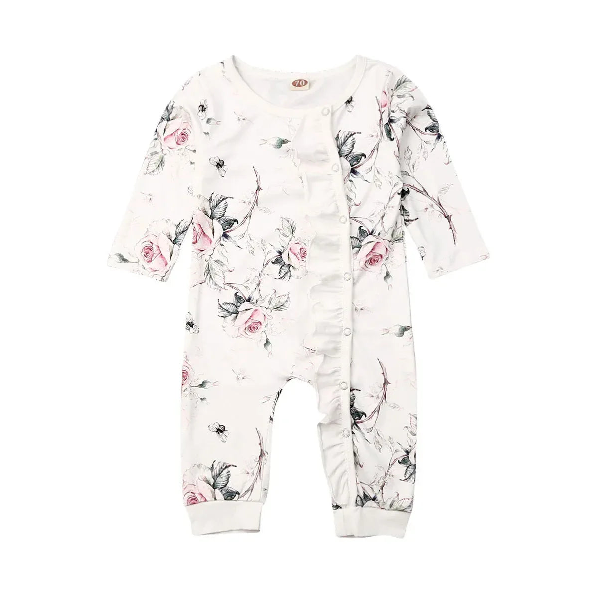 floral baby romper pink rose long sleeve newborn size with front ruffle detail