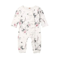 floral baby romper pink rose long sleeve newborn size with front ruffle detail