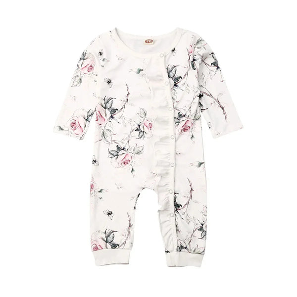 floral baby romper pink rose long sleeve newborn size with front ruffle detail