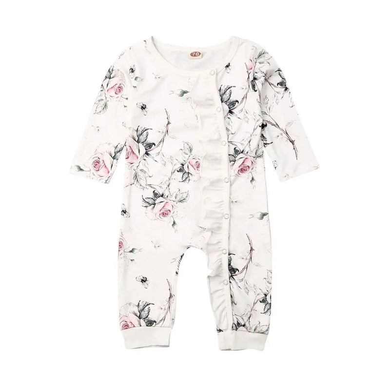 floral baby romper pink rose long sleeve newborn size with front ruffle detail