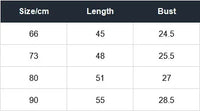 Size chart for floral baby romper showing length and bust measurements in centimeters for sizes 66 to 90