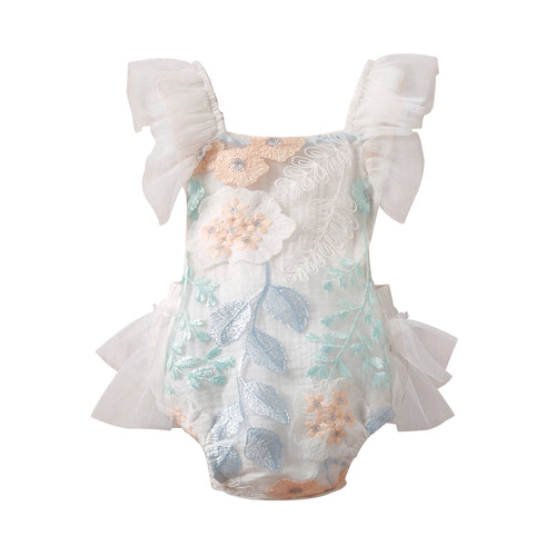 floral baby romper for infants with pastel embroidered flowers and ruffled shoulder straps