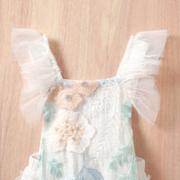 Floral baby romper in white with pastel embroidered flowers and ruffled tulle sleeves for infants