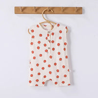 Sleeveless floral baby romper for infants with white background and orange flower pattern