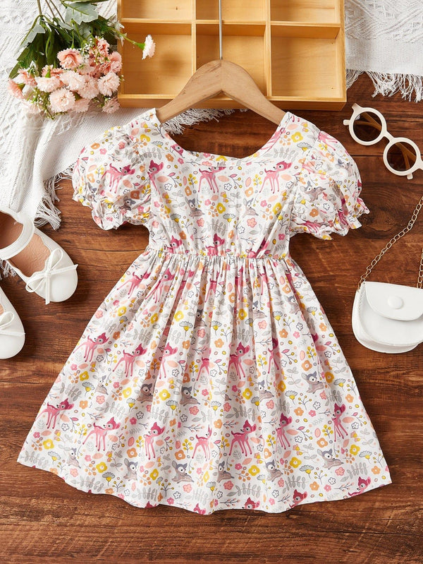 White floral dress for girls ages 2-6 with puff sleeves and deer print