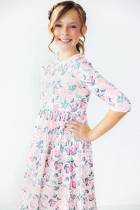 Mila & Rose floral girls twirl dress in pink with 3/4 sleeves for young girls