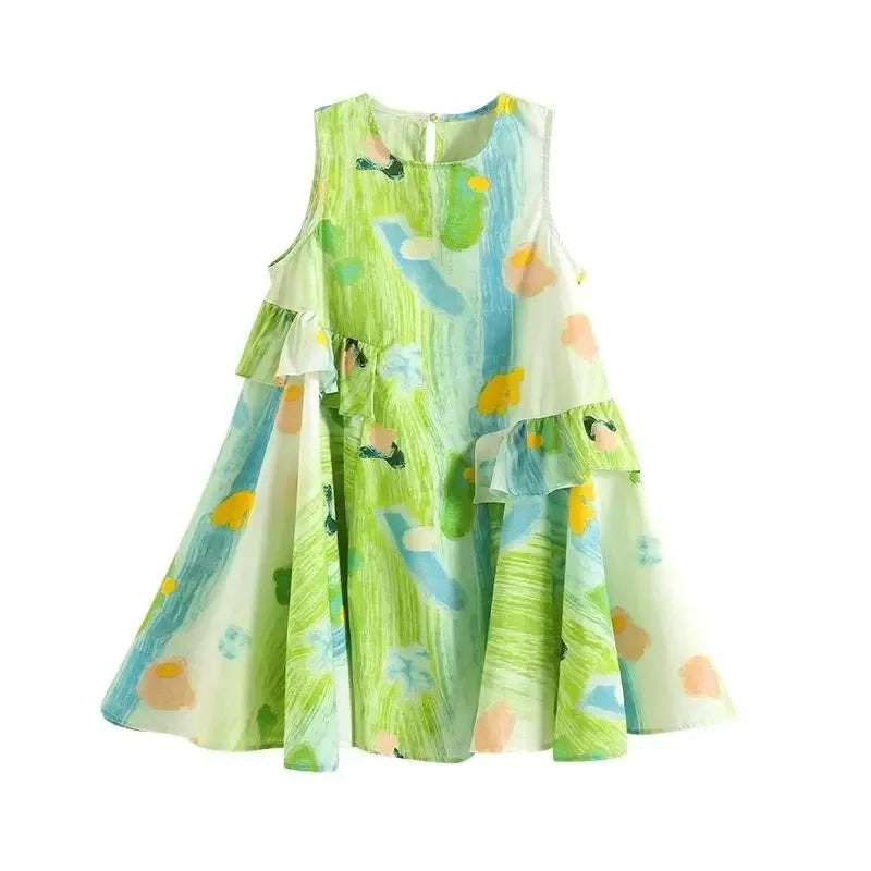 toddler sleeveless floral print baby dress in green and blue with ruffle details