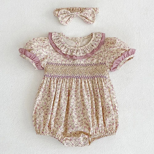 Baby girls floral print romper in cream with pink ruffle collar and puff sleeves with matching headband