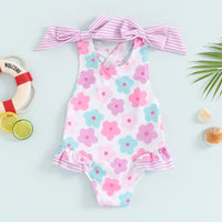 toddler floral print swimsuits for toddlers in pink blue and purple with striped bow straps and ruffle trim