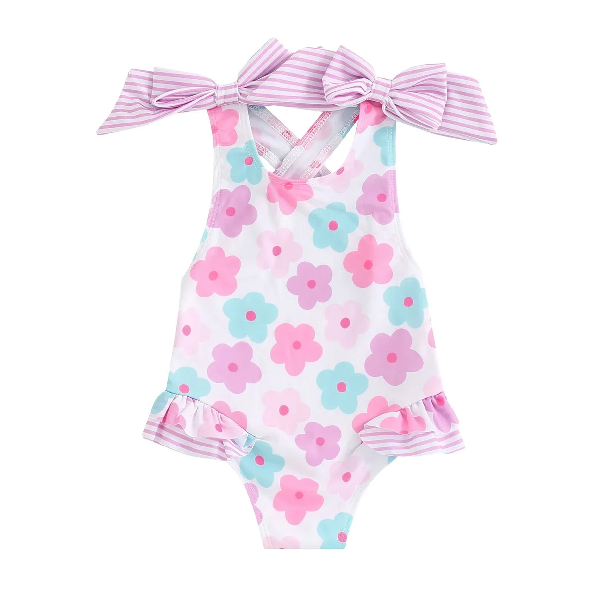 toddler white floral print swimsuit with pink and blue flowers and striped bow shoulder straps
