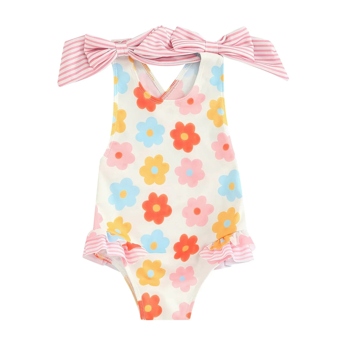 toddler white floral print swimsuits for toddlers with pink yellow blue flowers and striped bow straps