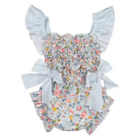 baby girls floral romper with blue striped ruffle sleeves and bow details