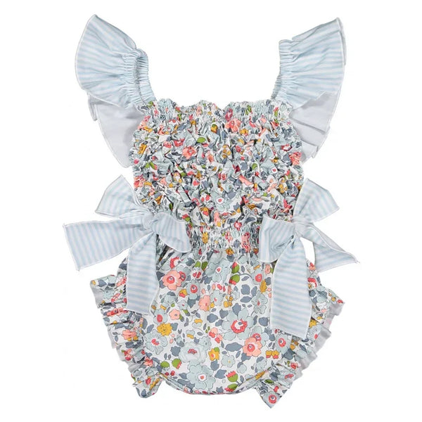 baby girls floral romper with blue striped ruffle sleeves and bow details
