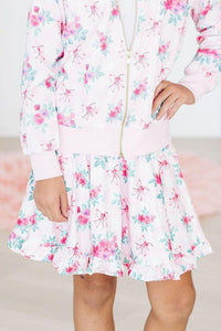 Girls white floral ruffle skort with pink and blue flowers and twirl design by Mila & Rose