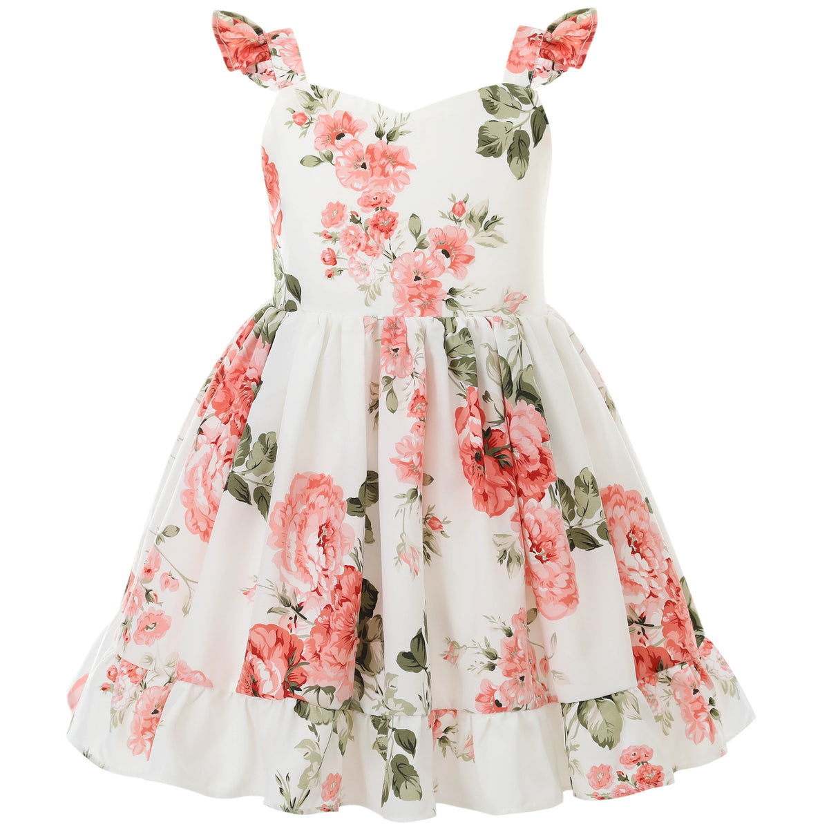 girls white floral summer dress for girls with pink flowers and ruffle shoulder straps