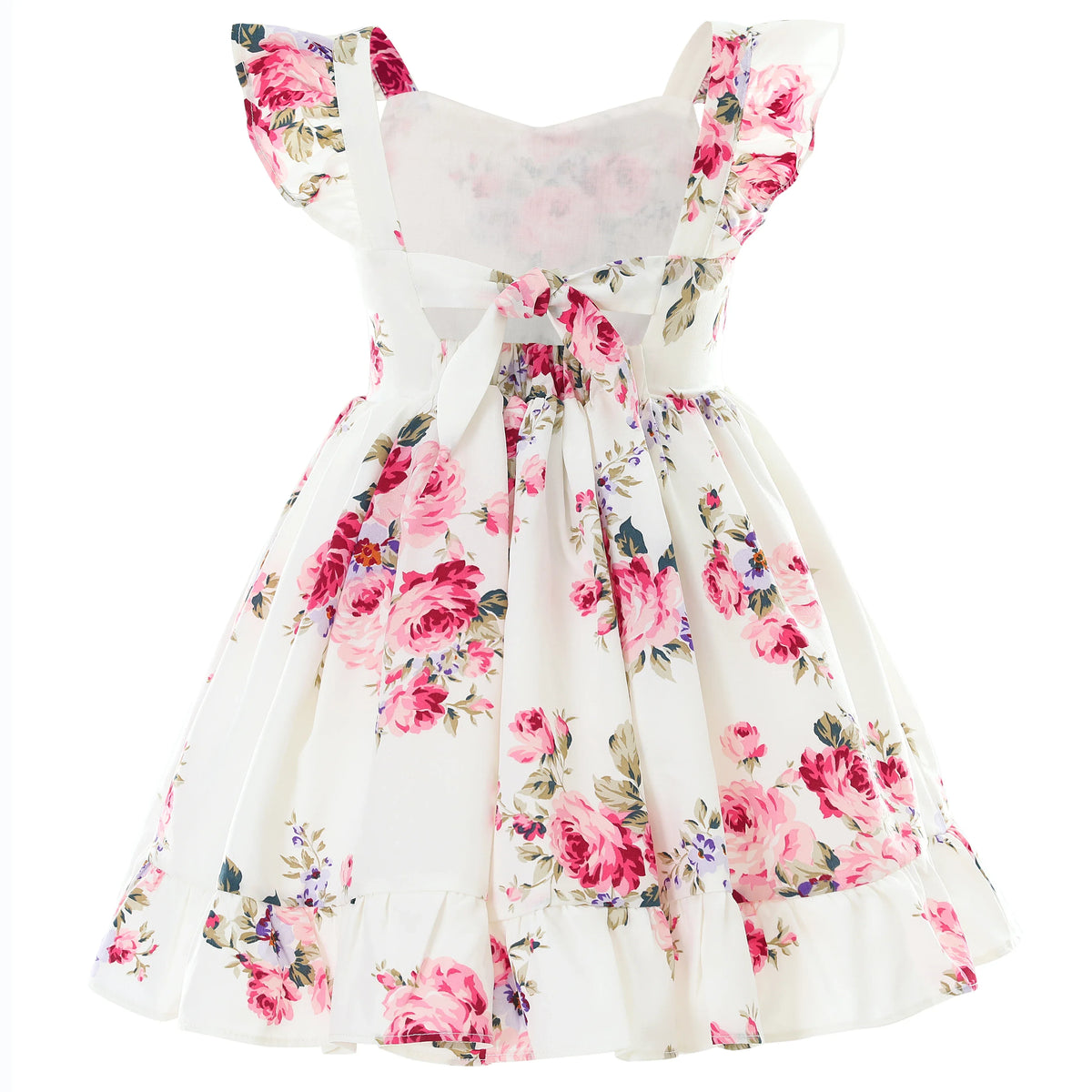 Girls white floral summer dress with pink rose print and ruffle straps for toddlers
