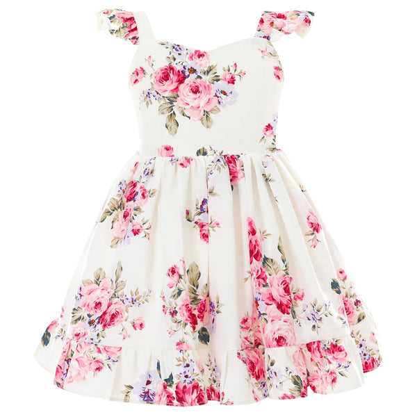 Girls white floral summer dress for girls with pink and purple flower print and ruffle straps