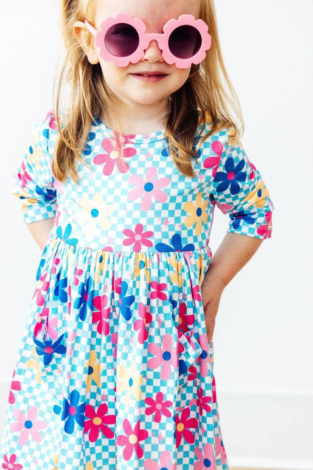 toddler girls colorful floral twirl dress with 3/4 sleeves and checkered pattern