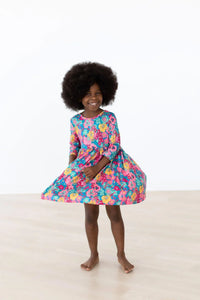 Girls colorful floral twirl dress for girls with sleeves and pockets by Mila & Rose