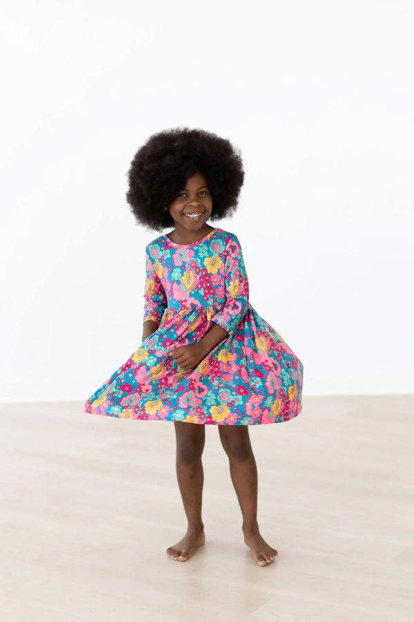 Girls colorful floral twirl dress for girls with sleeves and pockets by Mila & Rose