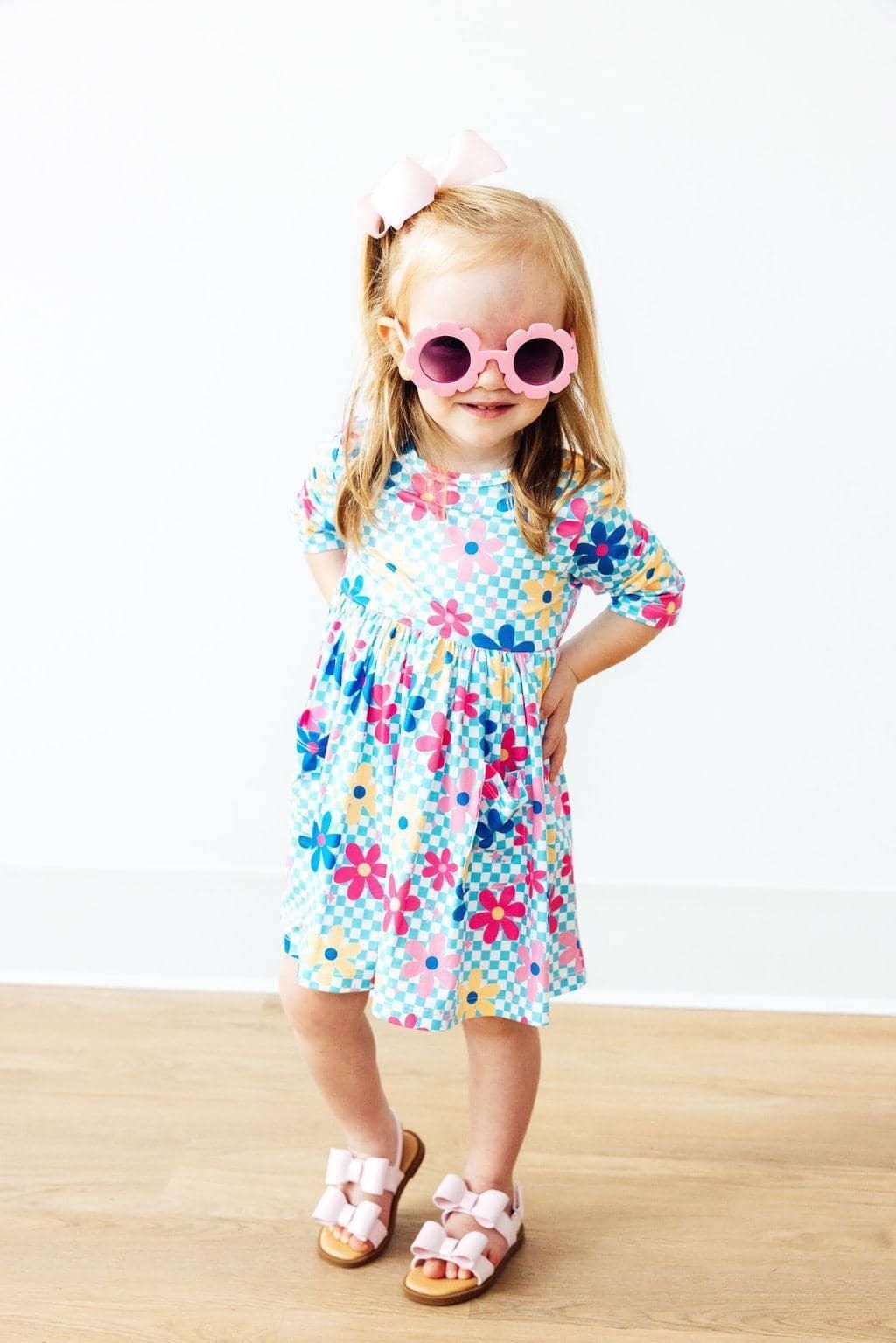 toddler girls blue floral twirl dress with 3 4 sleeves and pink sunglasses