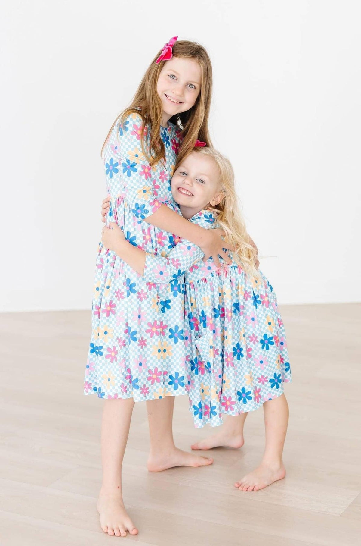 Girls blue and pink floral twirl dress 3/4 sleeve by Mila and Rose in two sizes