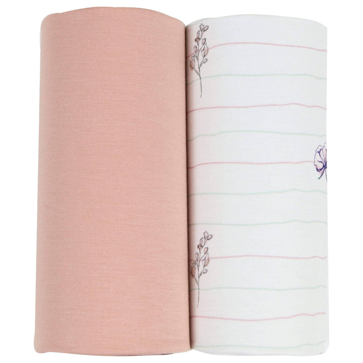 Two newborn baby swaddle blankets rolled up showing solid pink and white with flower pink baby swaddle blankets pattern