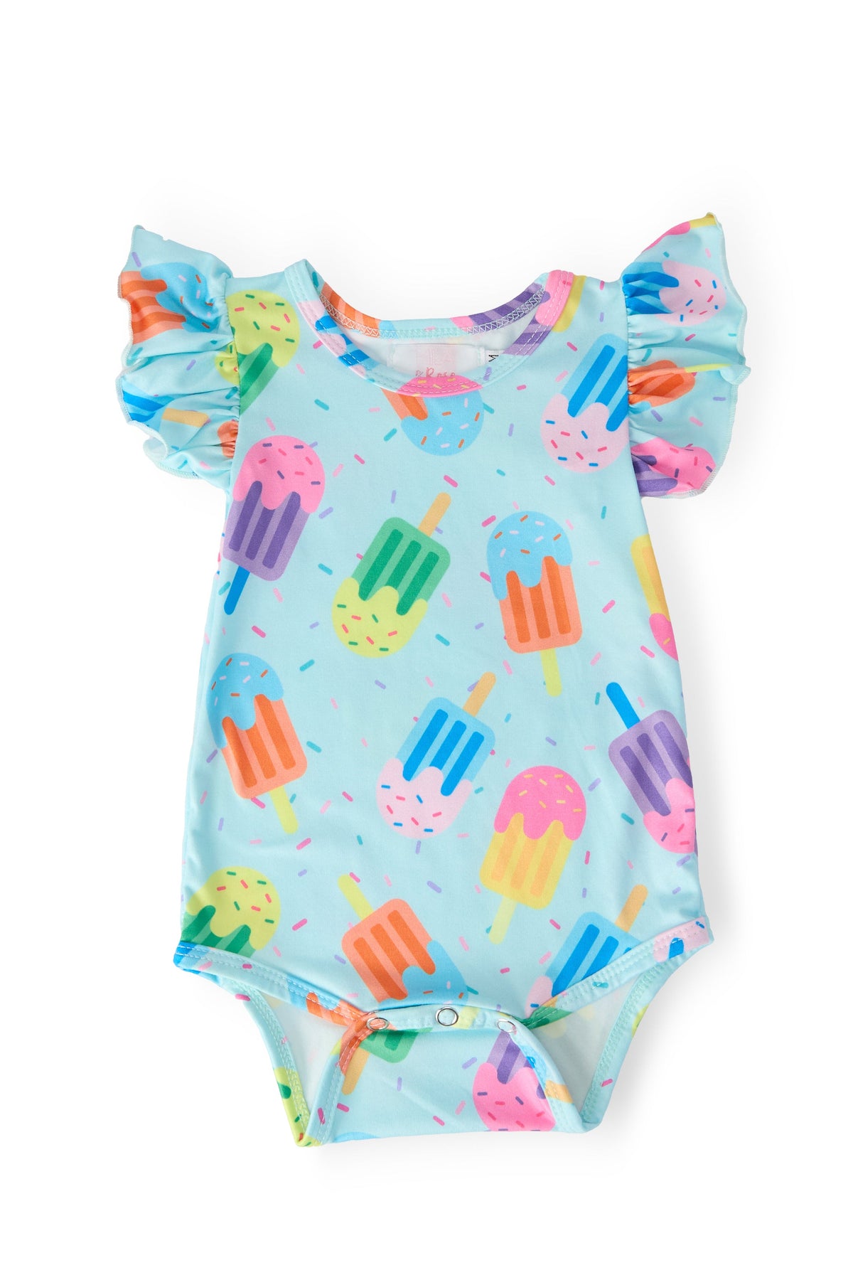 baby blue flutter sleeve bodysuit with colorful popsicle print, short sleeve for infants