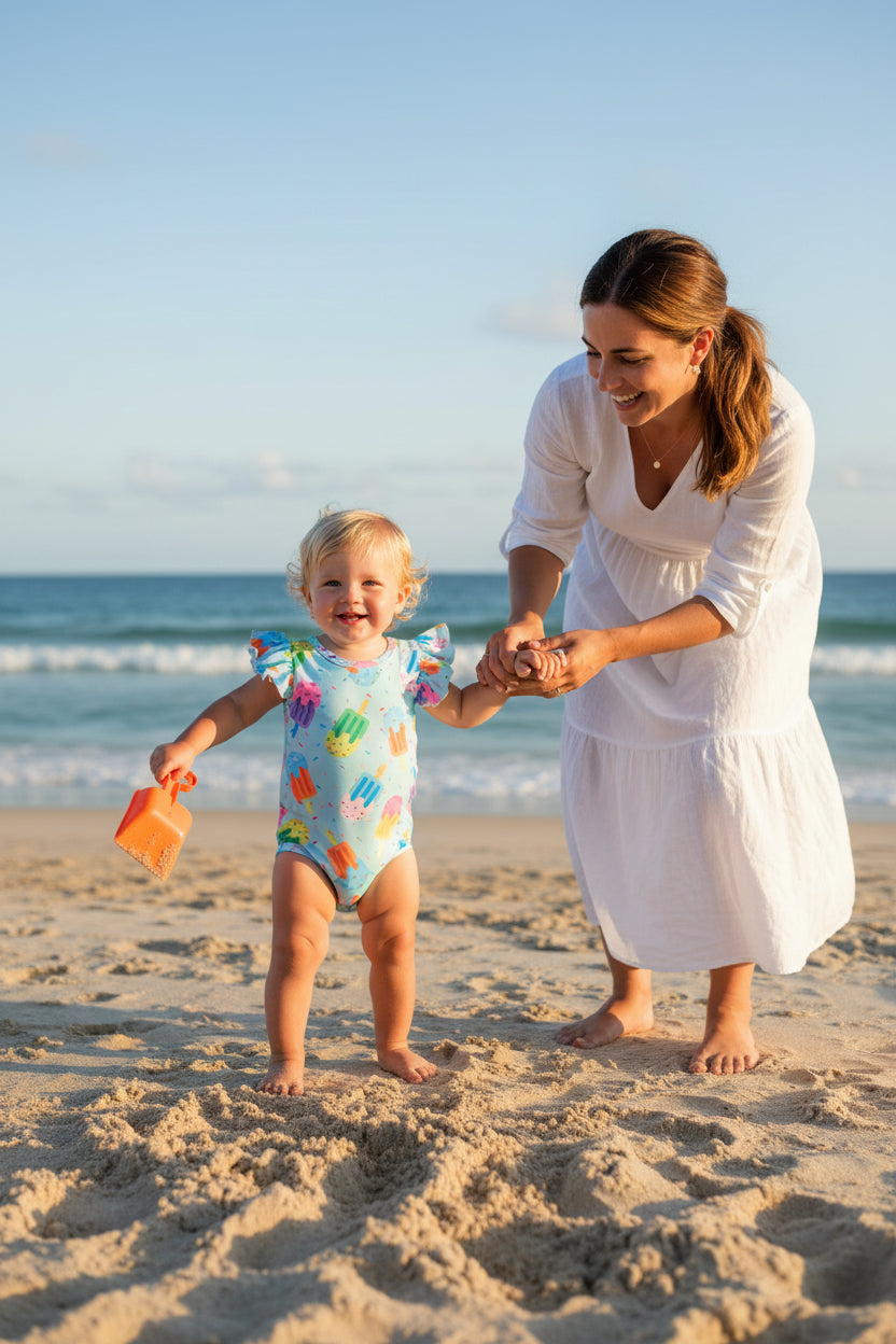 baby blue flutter sleeve bodysuit with colorful popsicle print, short sleeve for infants