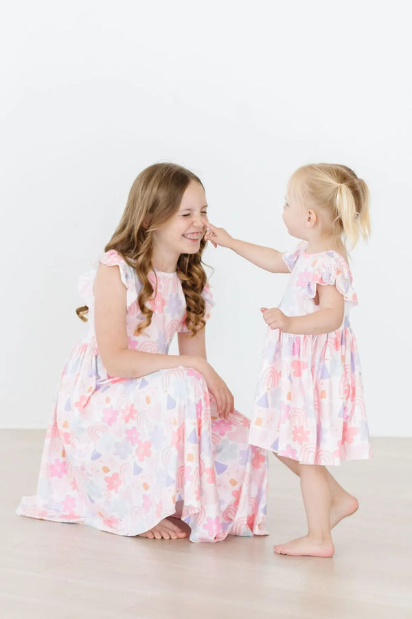 Mila & Rose flutter sleeve twirl dress for girls in pastel floral print, toddler and young girl sizes