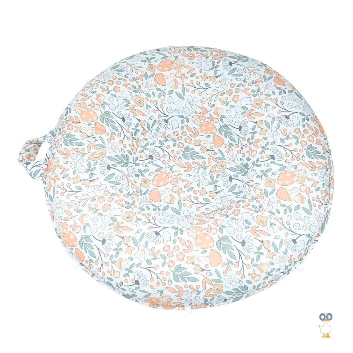 Goosewaddle round floor cushion for children with orange green floral print on white cotton fabric